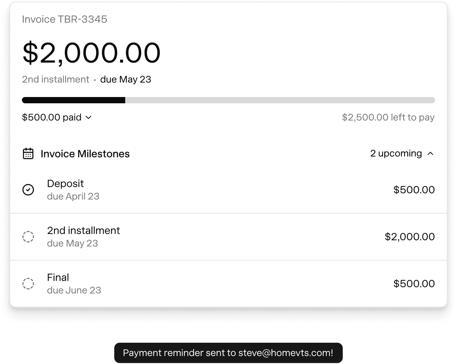 Invoice with deposit and milestone payment schedule