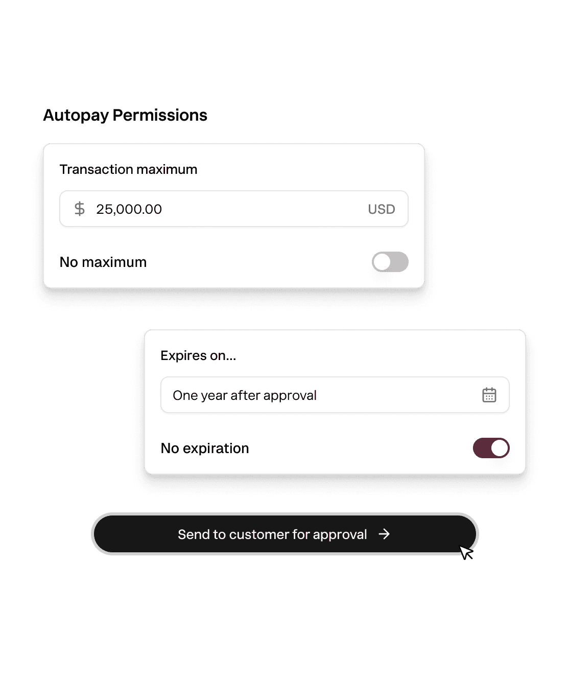 Auto Pay permission settings with expiration and charge caps