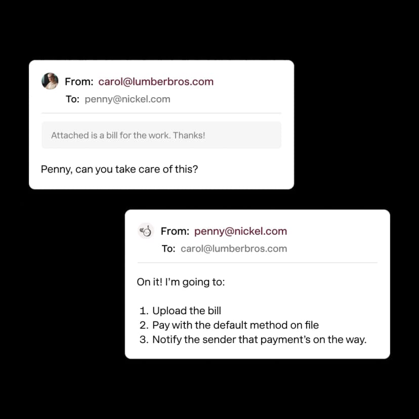 Penny reading a forwarded bill and scheduling its payment