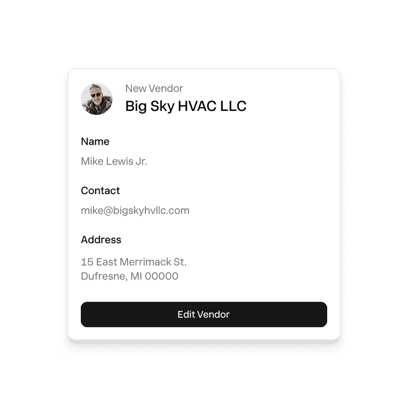 Vendor business info form with legal name and point of contact