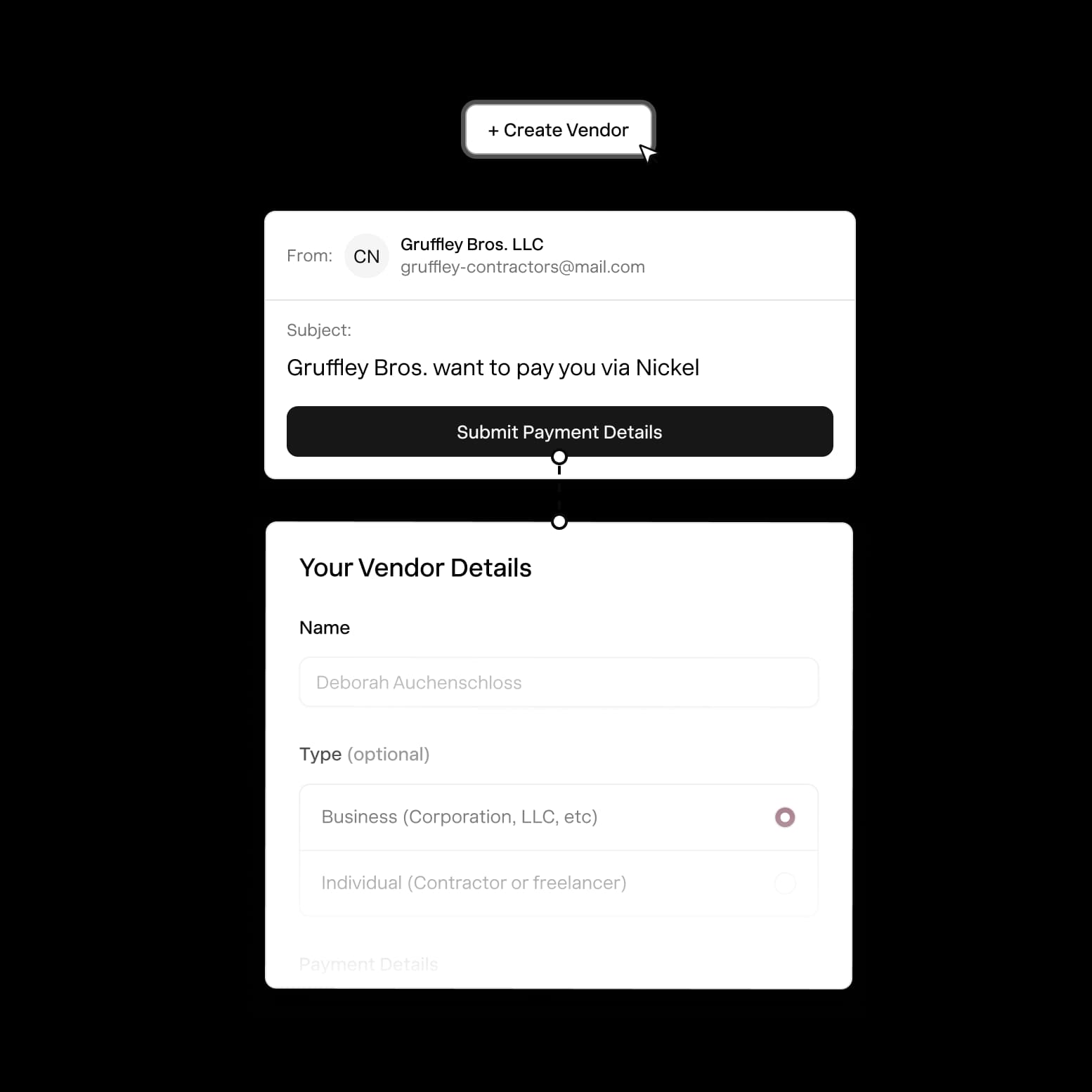 Vendor onboarding form collecting bank and tax details