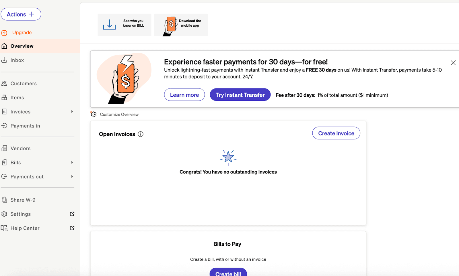 Bill.com accounts payable dashboard with invoice approval workflow and 2-way matching