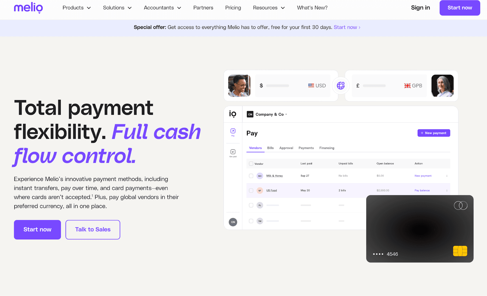 Melio B2B payments platform homepage for small business bill pay