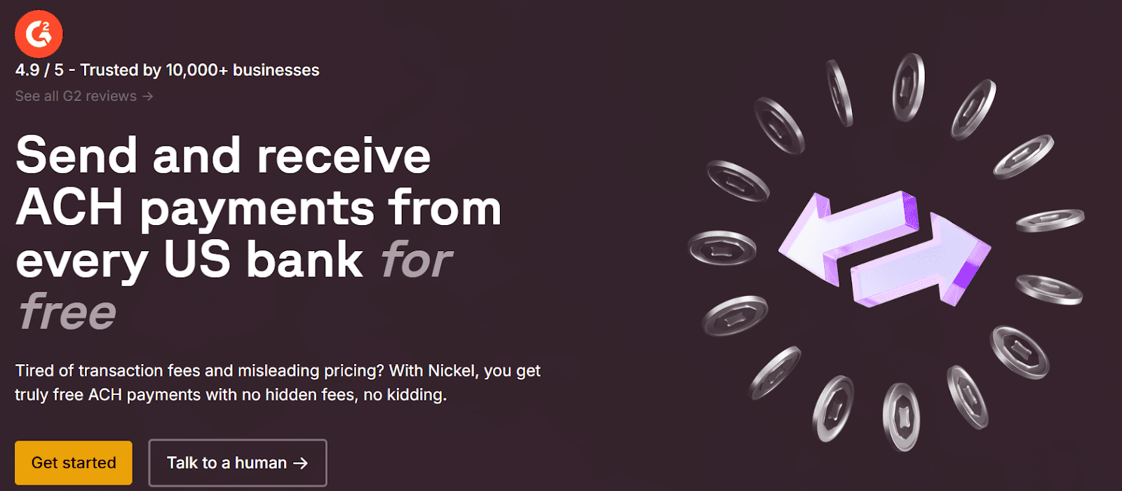 Nickel free ACH payments homepage, a top QuickBooks Payments alternative