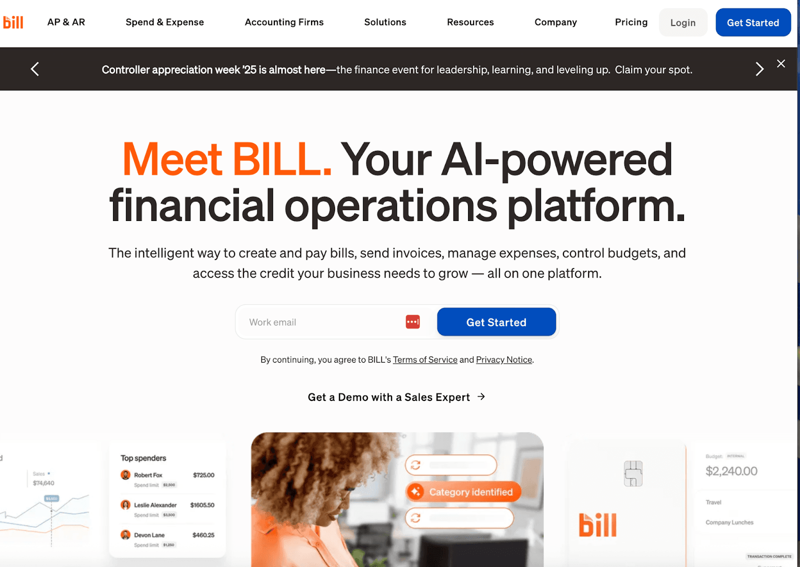 Bill.com AP and AR automation platform homepage, a Melio alternative for mid-market businesses